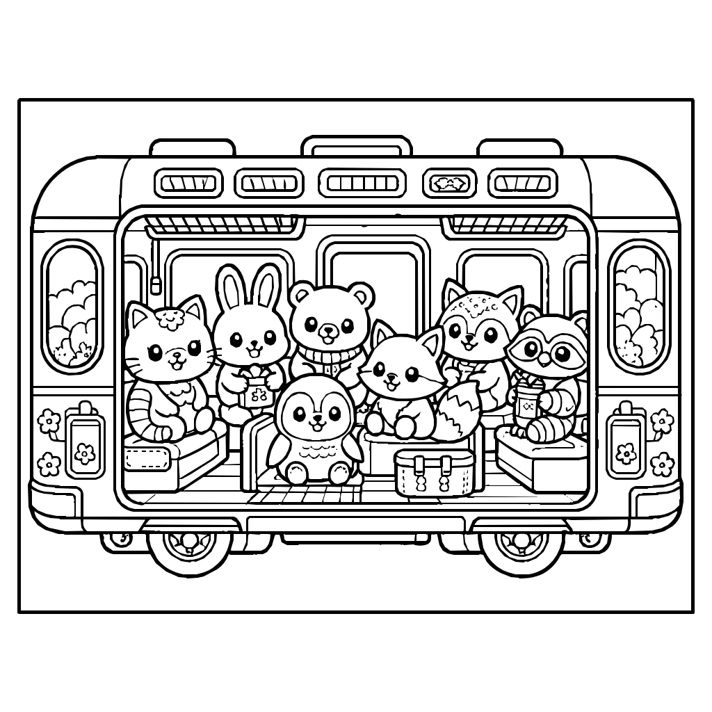 Kawaii Train Car Animal Passengers Coloring Page
