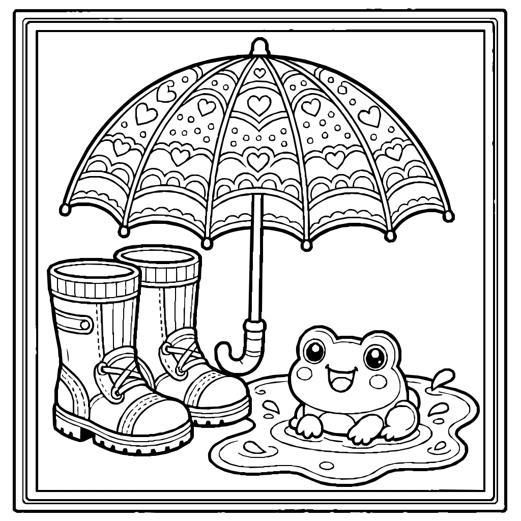 Kawaii Umbrella Boots Frog Coloring Page