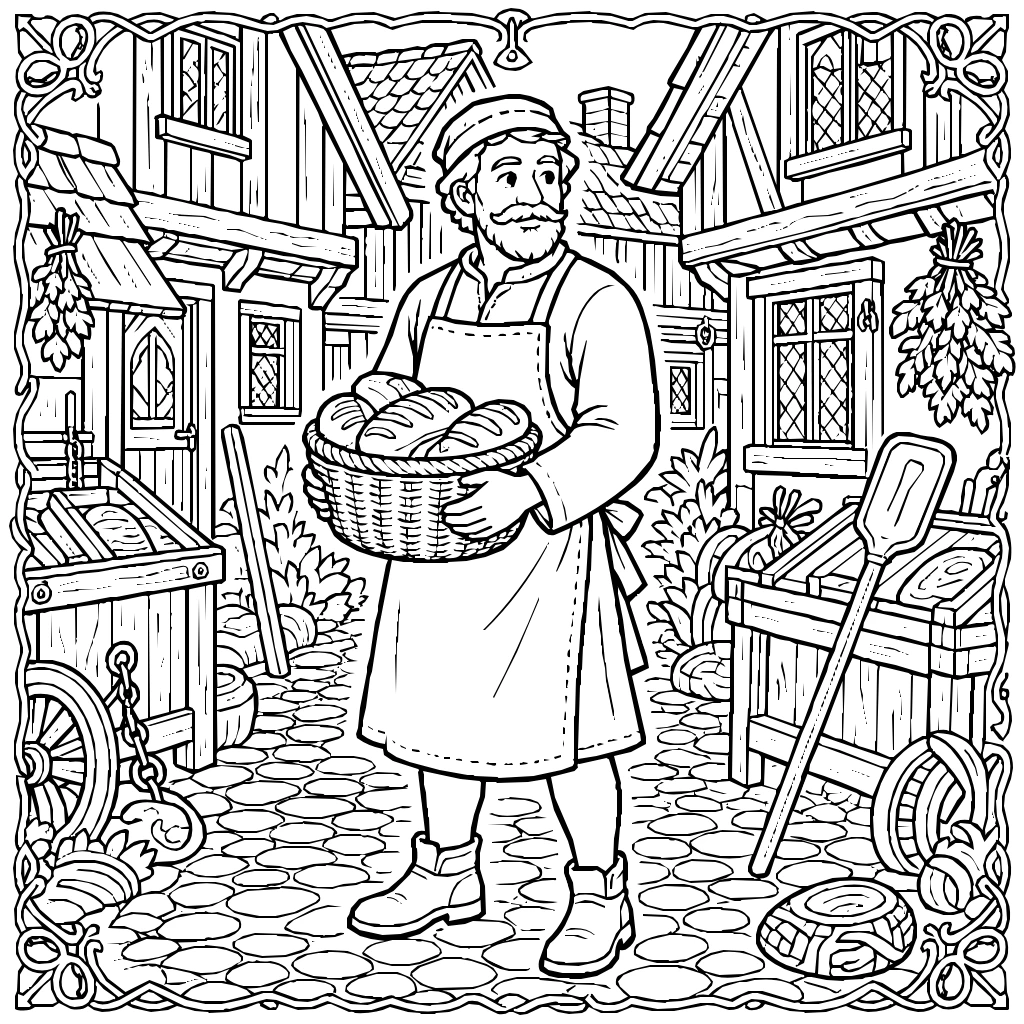 Medieval Baker Basket Loaves Coloring Page