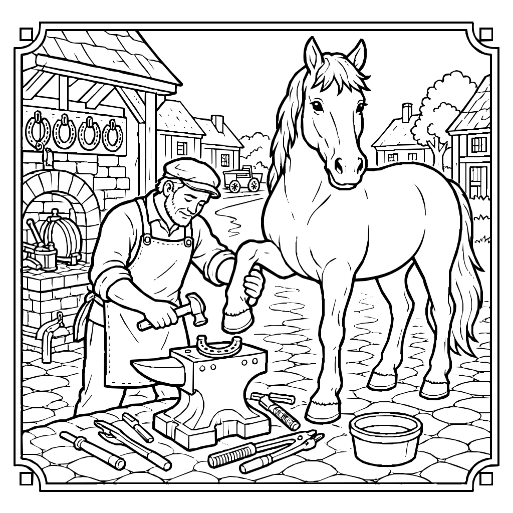 Medieval Blacksmith Shoeing Horse Coloring Page