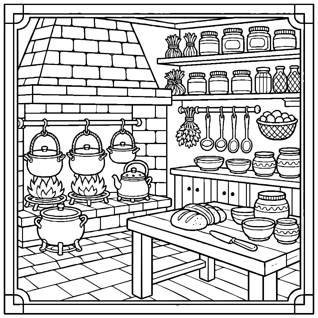 Medieval Castle Kitchen Open Fire Coloring Page