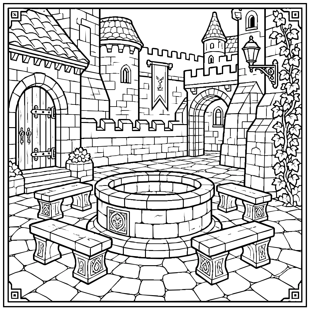 Medieval Courtyard Well Benches Coloring Page