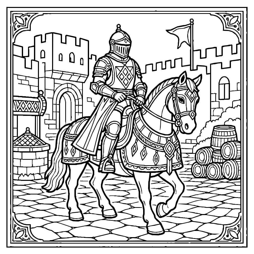 Medieval Knight Horse Courtyard Coloring Page