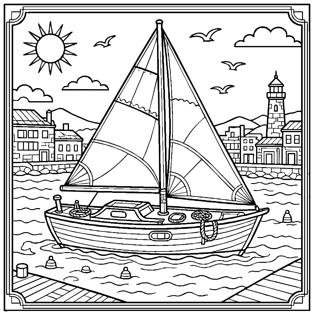 Sailboat Sunny Harbor Coloring Page