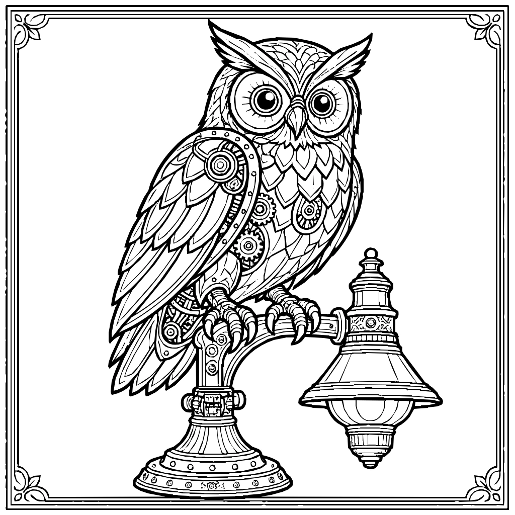 Steampunk Mechanical Owl Lamp Coloring Page