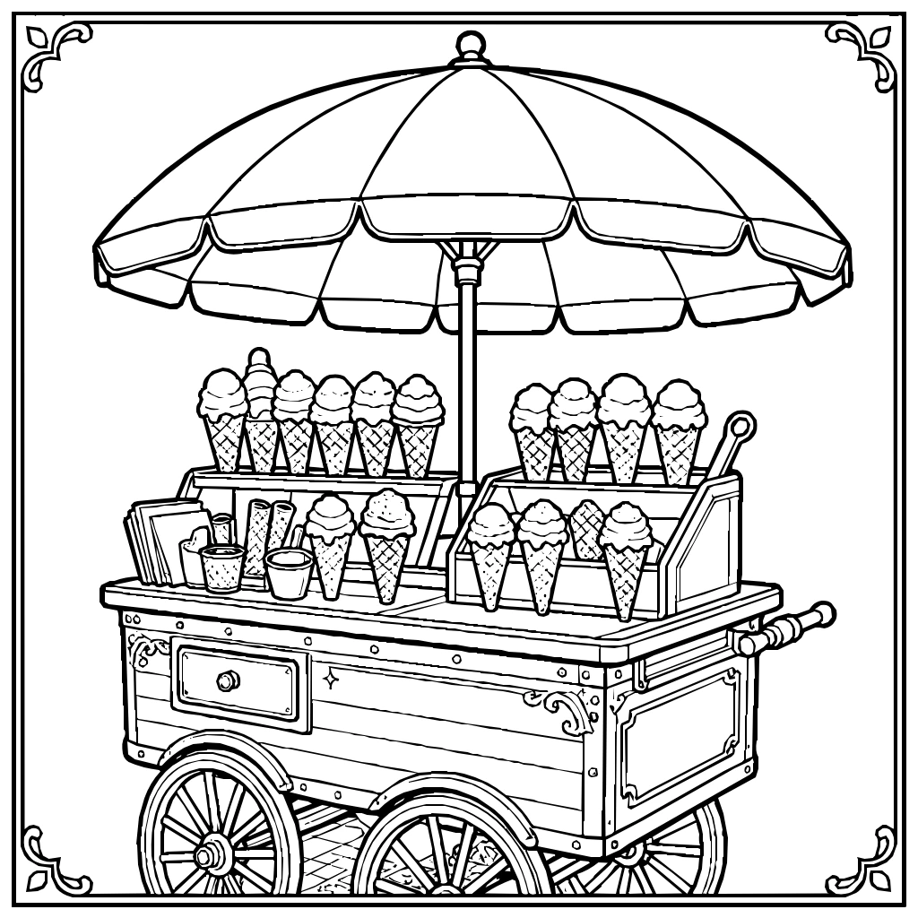 Summer Ice Cream Cart Umbrella Coloring Page