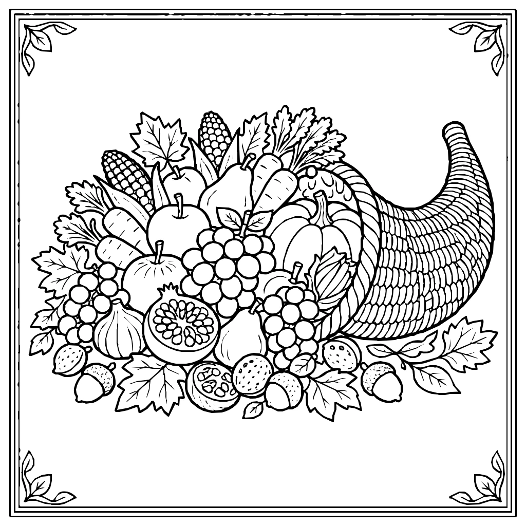 Thanksgiving Cornucopia Fruits Vegetables Coloring Page