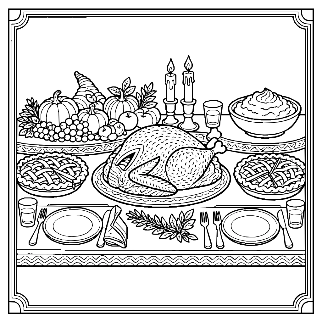 Thanksgiving Dinner Table Pies Coloring Page
