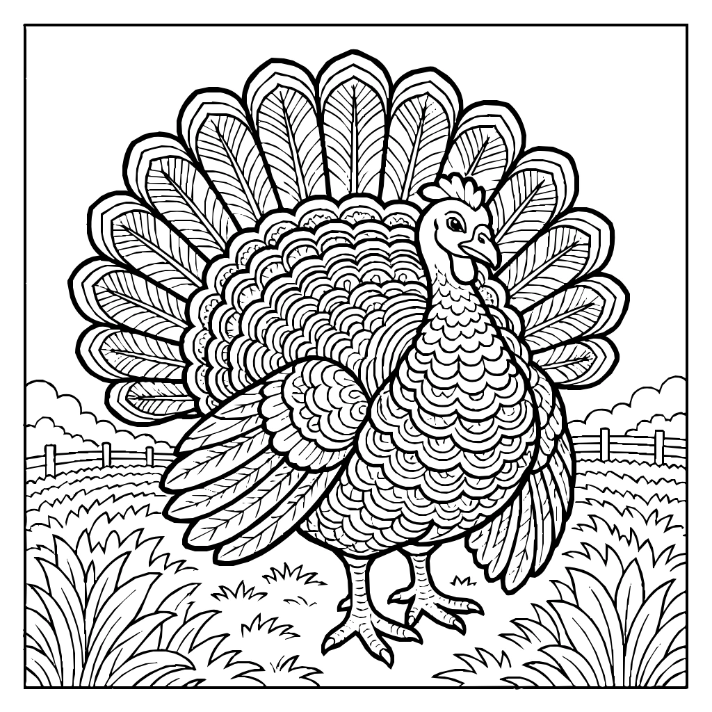 Thanksgiving Fanned Feathers Field Coloring Page