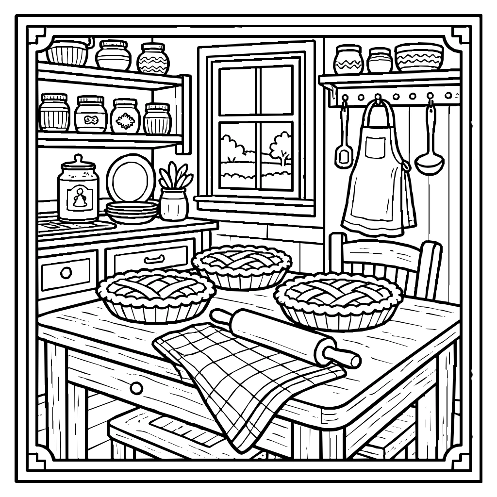 Thanksgiving Farmhouse Kitchen Pies Coloring Page