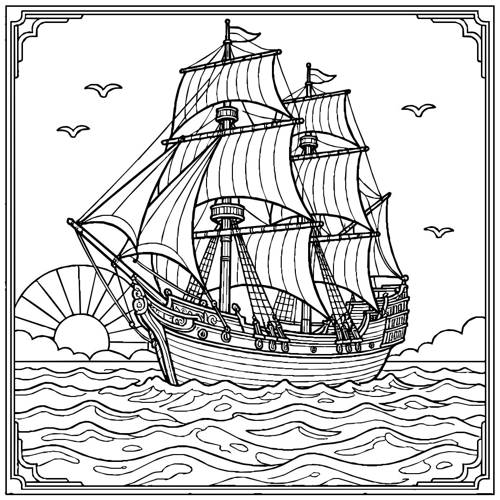 Thanksgiving Old Sailing Ship Ocean Coloring Page
