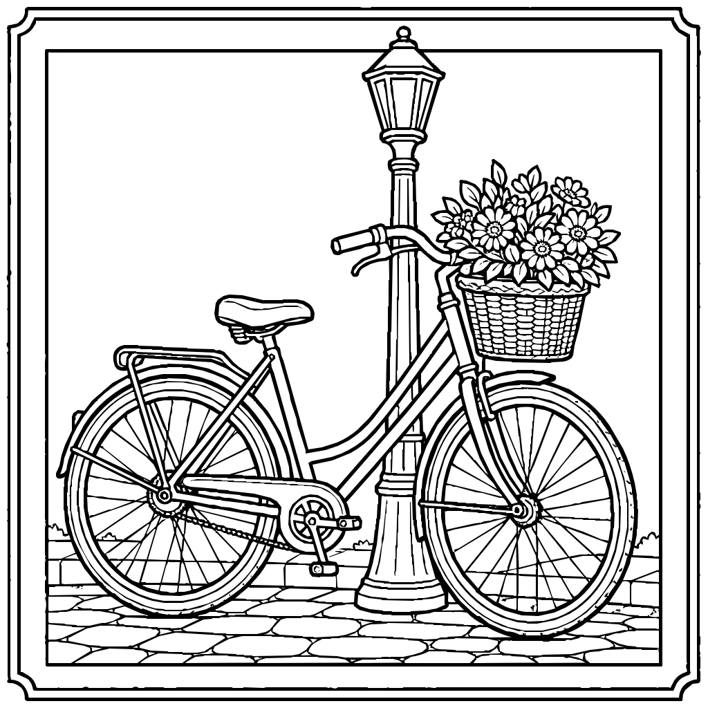 Vehicles Bicycle Lamppost Flowers Coloring Page