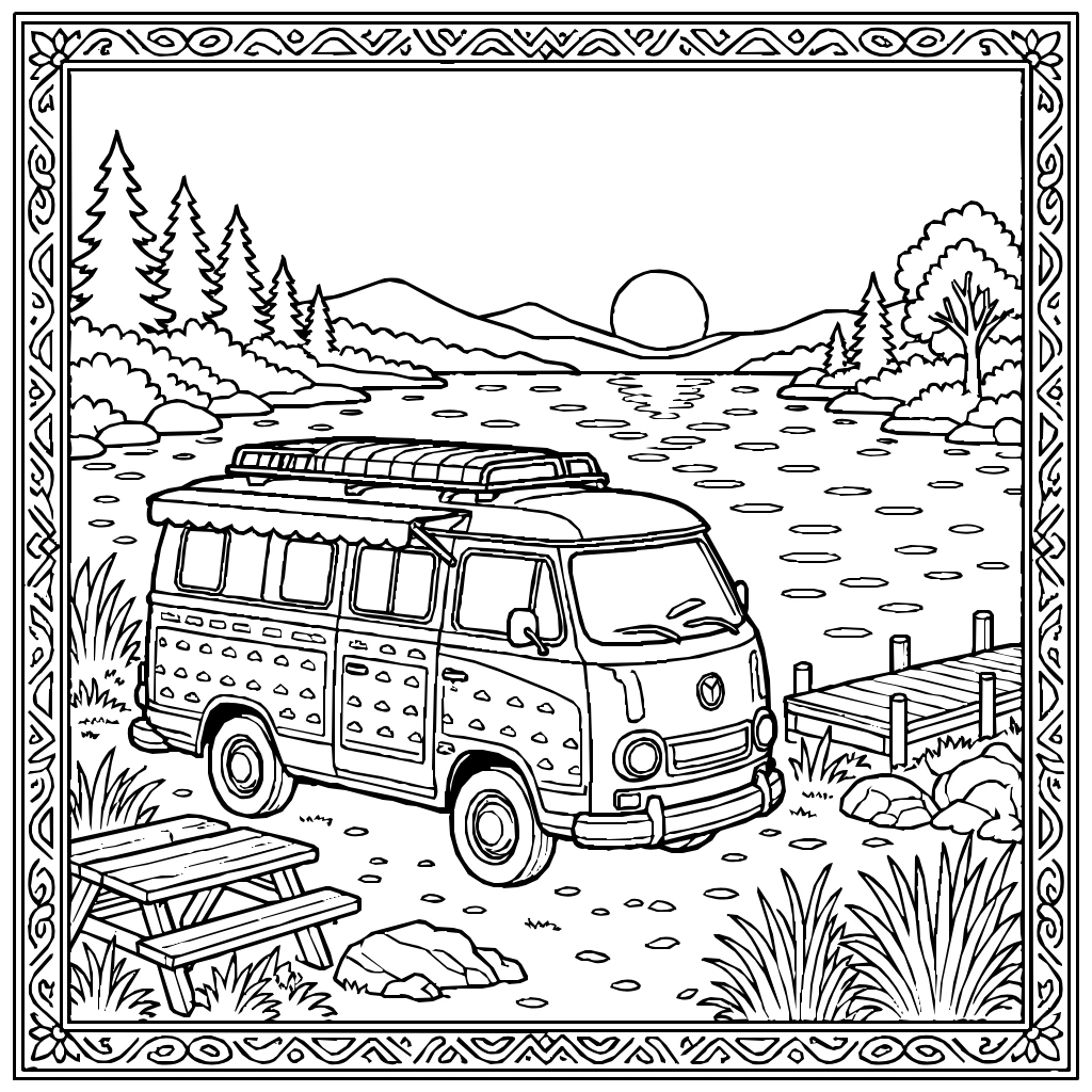 Vehicles Camper Van Lake Sunset Coloring Page