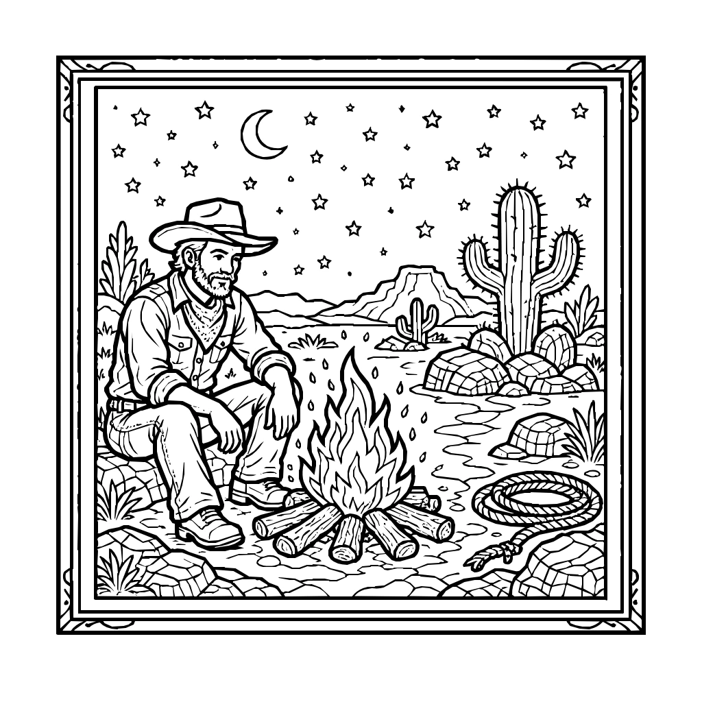 Western Cowboy Campfire Desert Sky Coloring Page