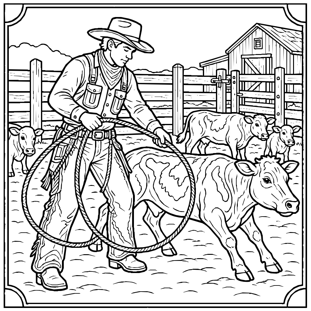 Western Cowboy Roping Cattle Coloring Page