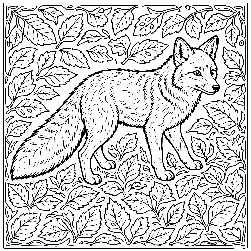 Autumn Fox Fallen Leaves Coloring Page