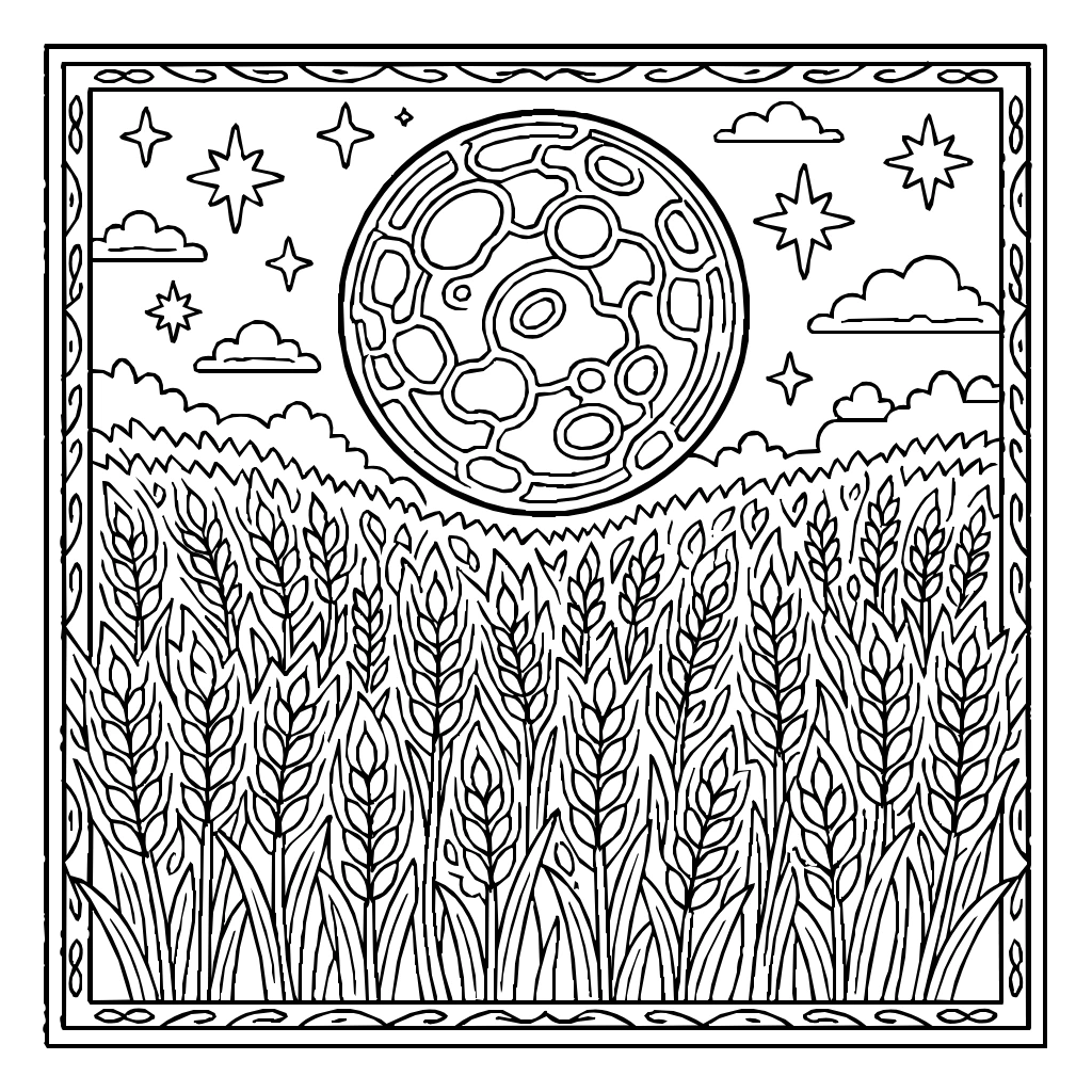 Autumn Harvest Moon Wheat Field Coloring Page