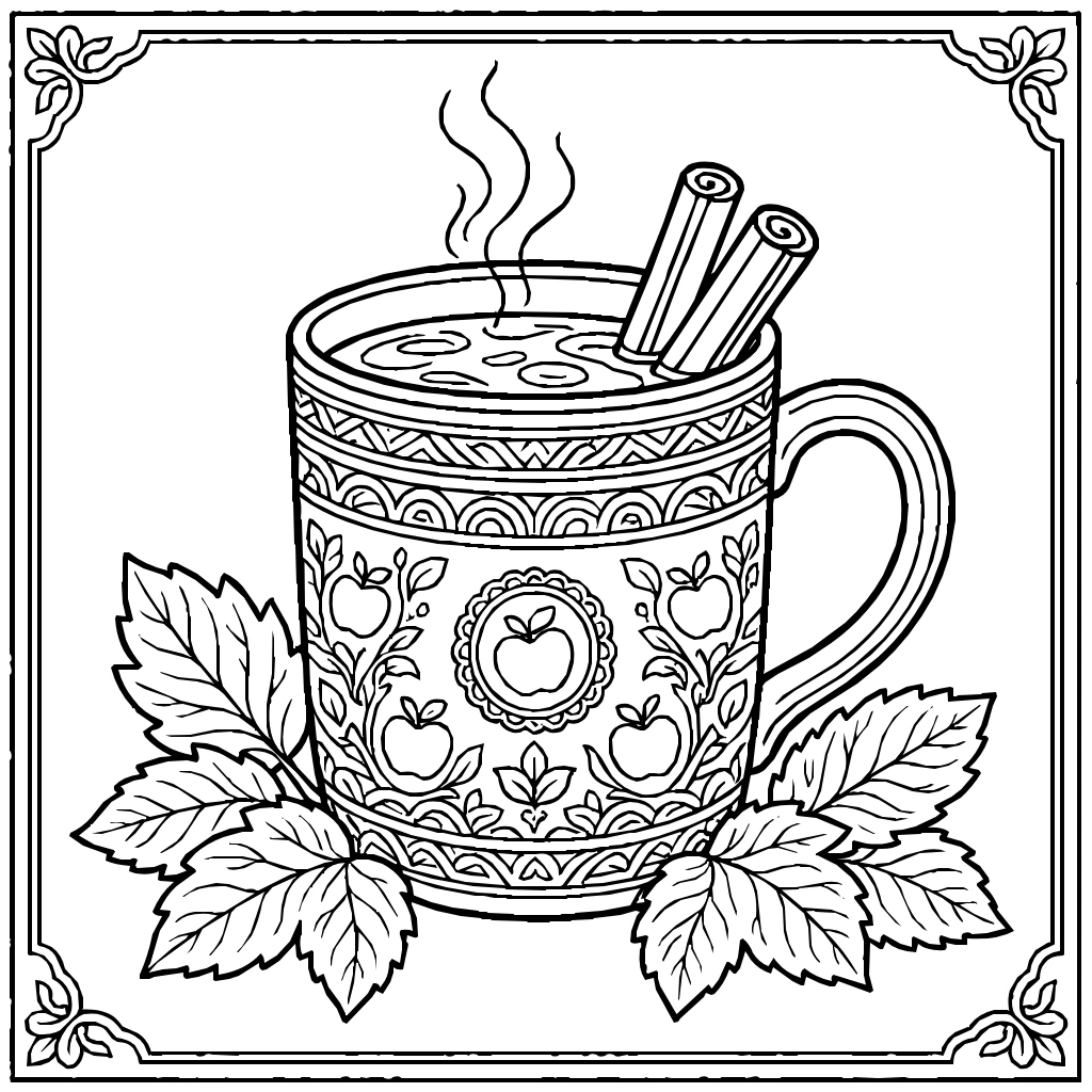 Autumn Hot Cider Cinnamon Leaves Coloring Page