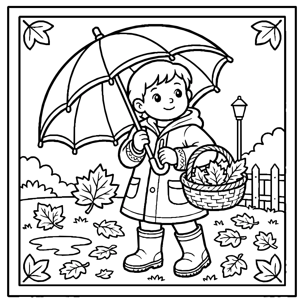 Autumn Umbrella Boots Leaves Coloring Page