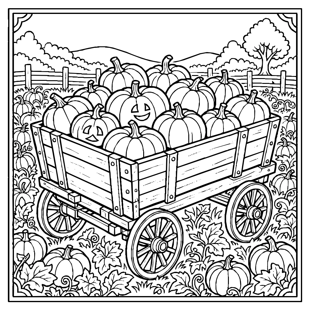 Autumn Wagon Pumpkins Patch Coloring Page