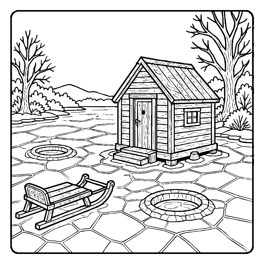Winter Frozen Lake Ice Fishing Cabin Coloring Page