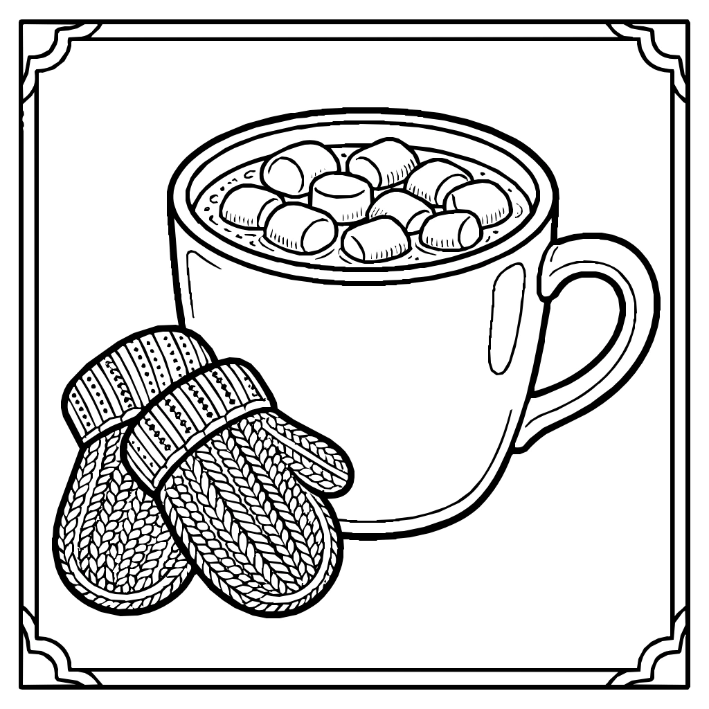 Winter Hot Cocoa Marshmallows Mittens Coloring Page