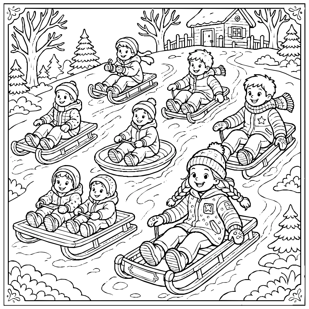 Winter Kids Sledding Hill Coloring Page
