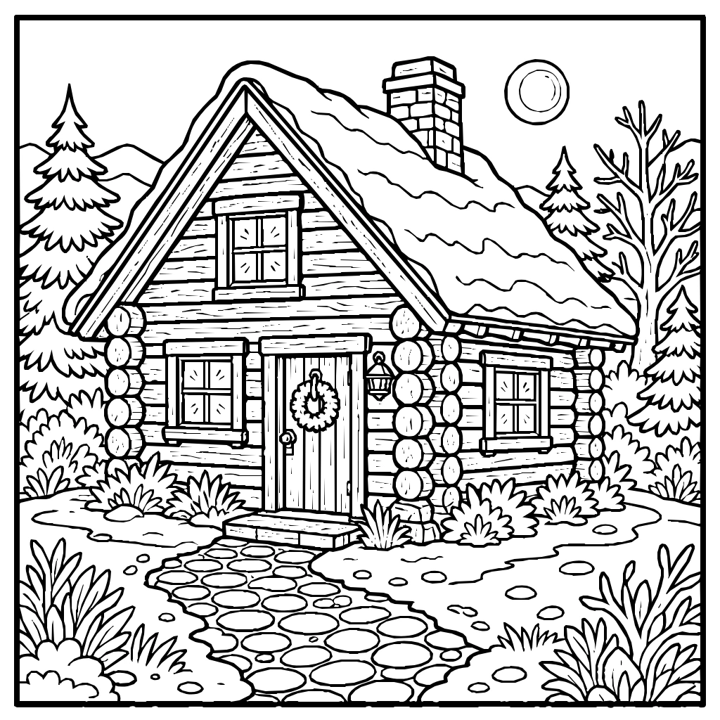 Winter Log Cabin Snow Window Coloring Page