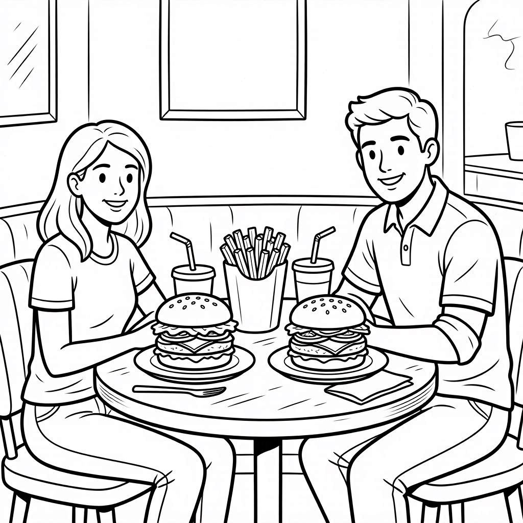 People Eating Burger At The Restaurant Coloring Page