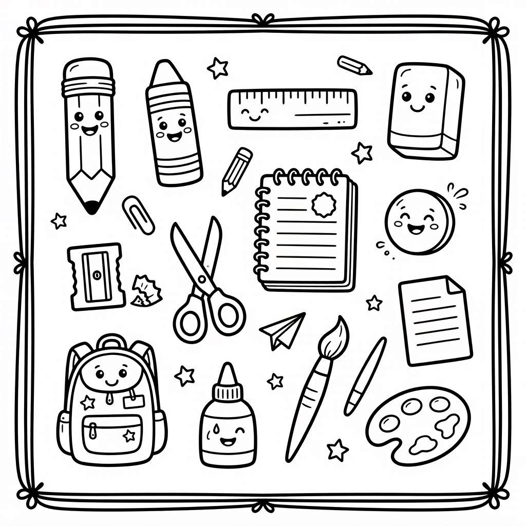 School Objects Collection Coloring Page
