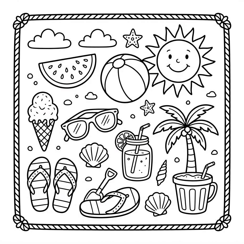 Summer Doodle Icons Coloring Page